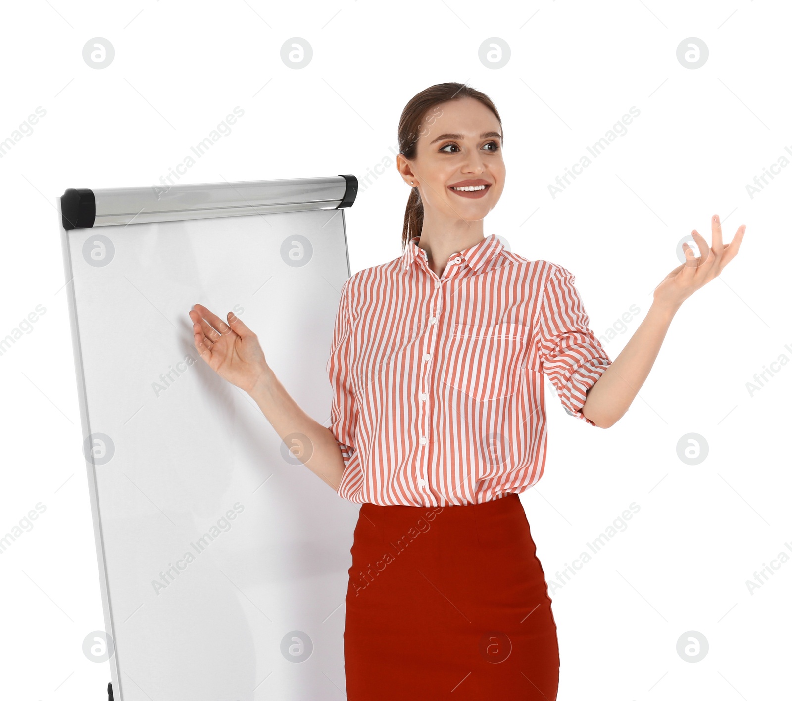 Photo of Professional business trainer near flip chart board on white background