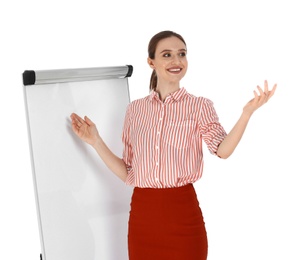 Photo of Professional business trainer near flip chart board on white background