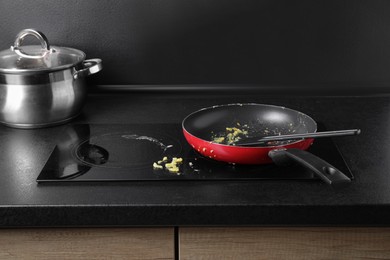 Dirty frying pan with spatula on cooktop in kitchen