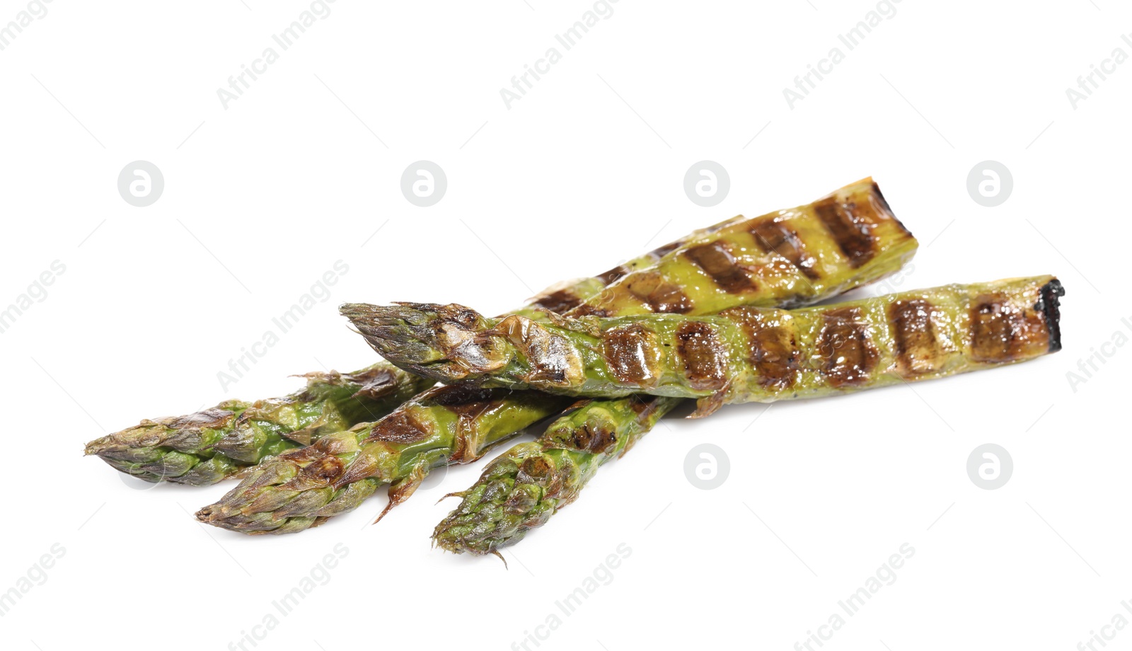 Photo of Tasty grilled green asparagus isolated on white