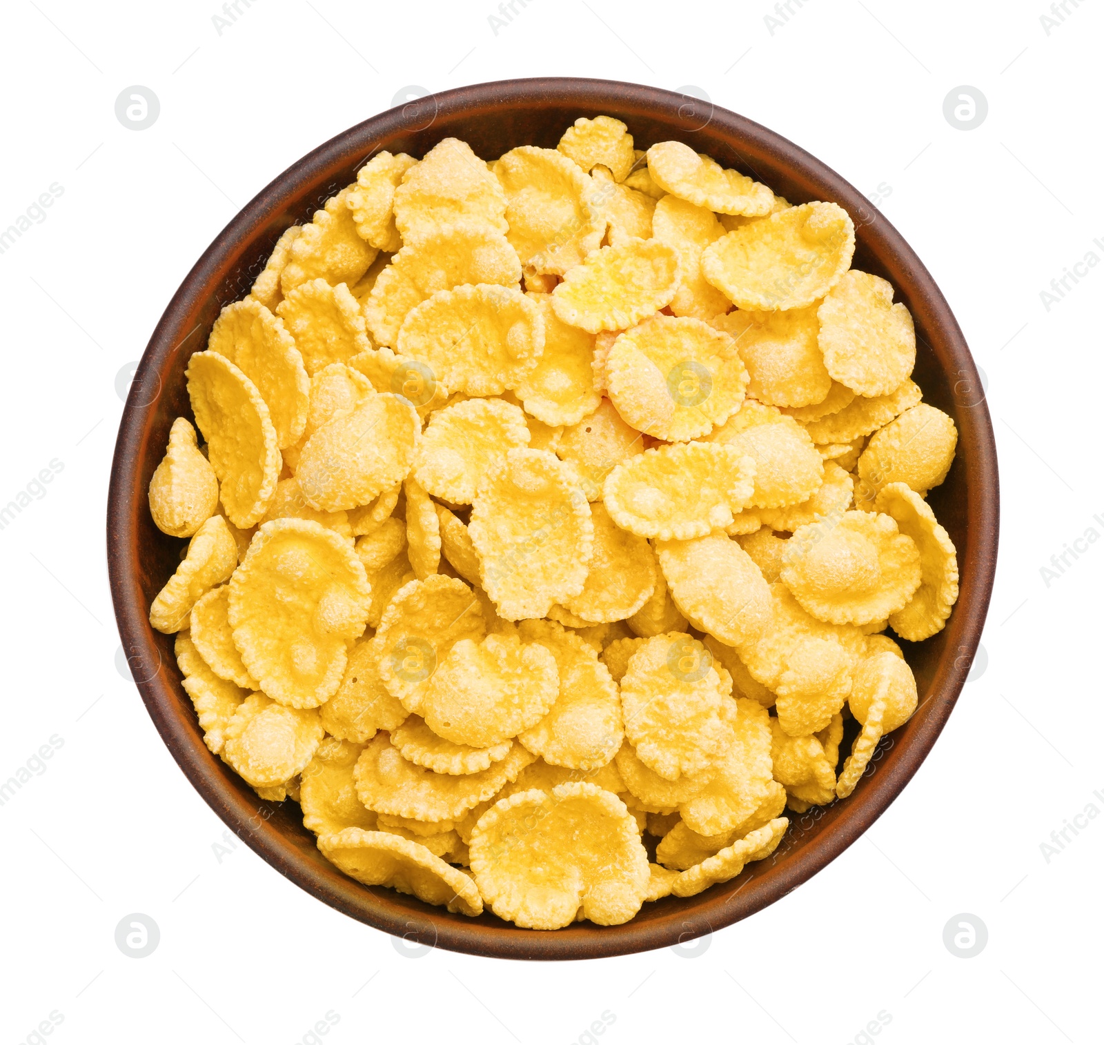 Photo of Bowl of tasty corn flakes isolated on white, top view