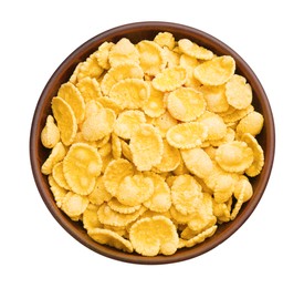 Bowl of tasty corn flakes isolated on white, top view