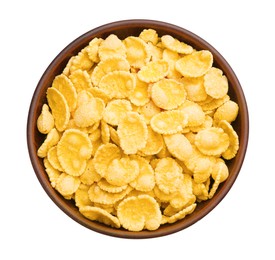 Photo of Bowl of tasty corn flakes isolated on white, top view