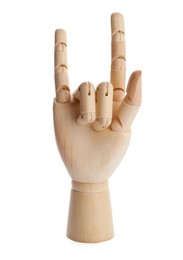 Photo of Wooden hand model on white background. Mannequin part