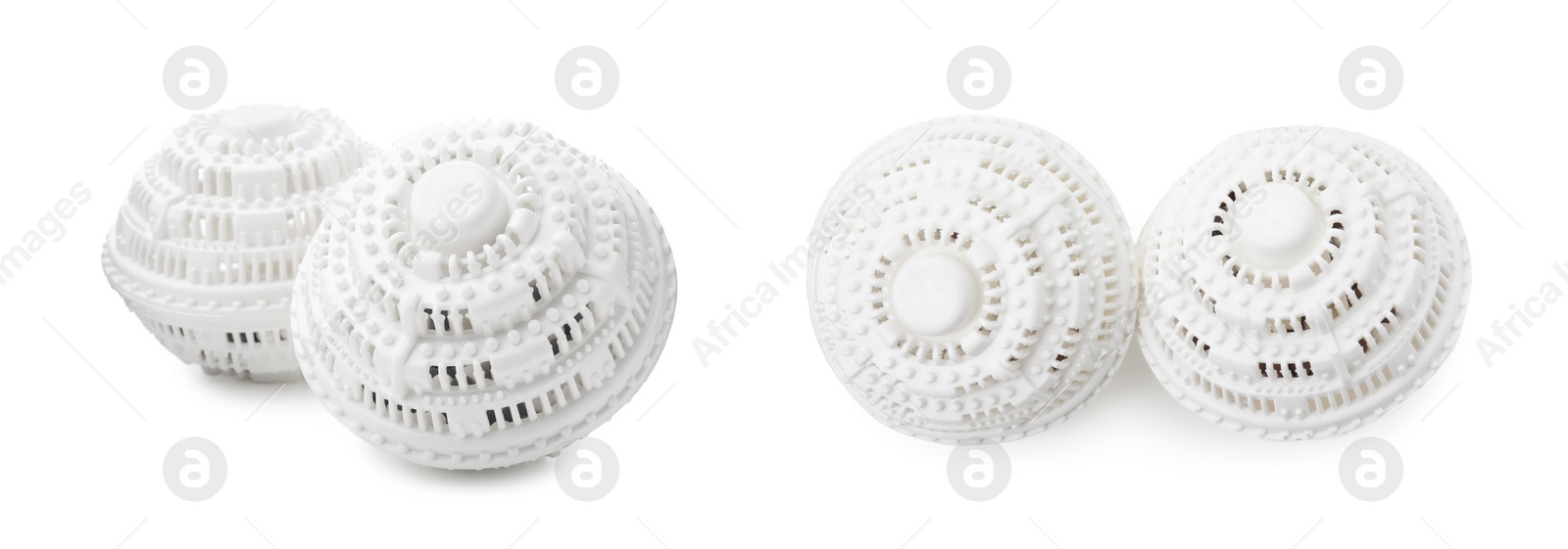 Image of Set with dryer balls for washing machine on white background, banner design