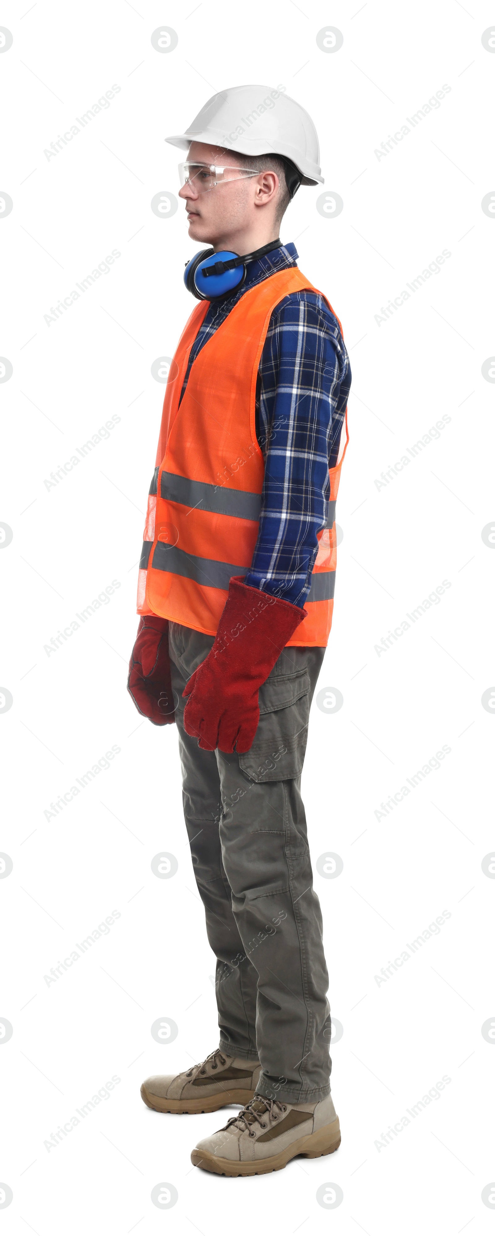 Photo of Young man wearing safety equipment on white background