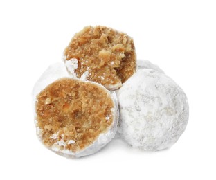 Photo of Pile of Christmas snowball cookies on white background