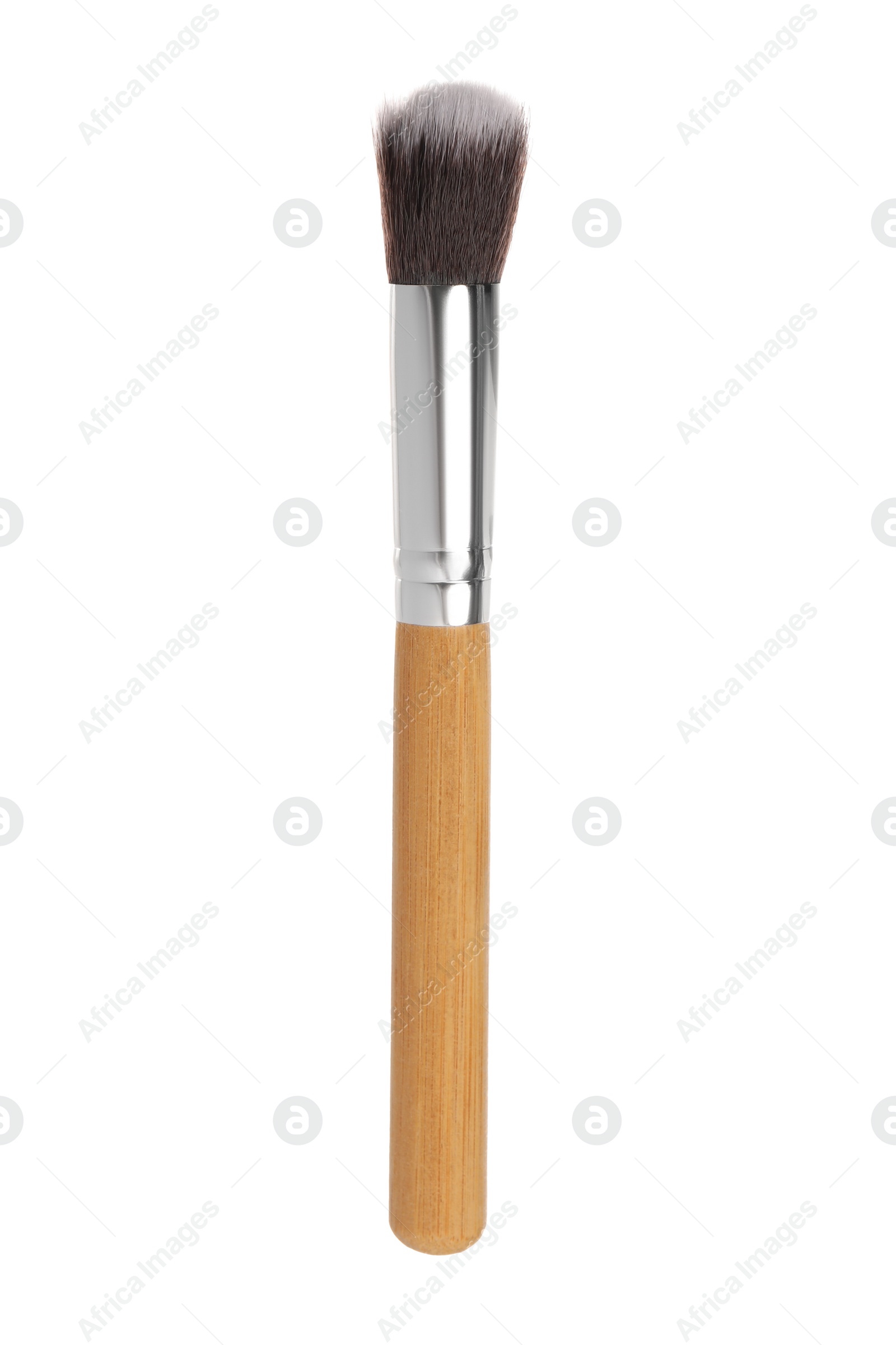 Photo of Makeup brush with wooden handle isolated on white