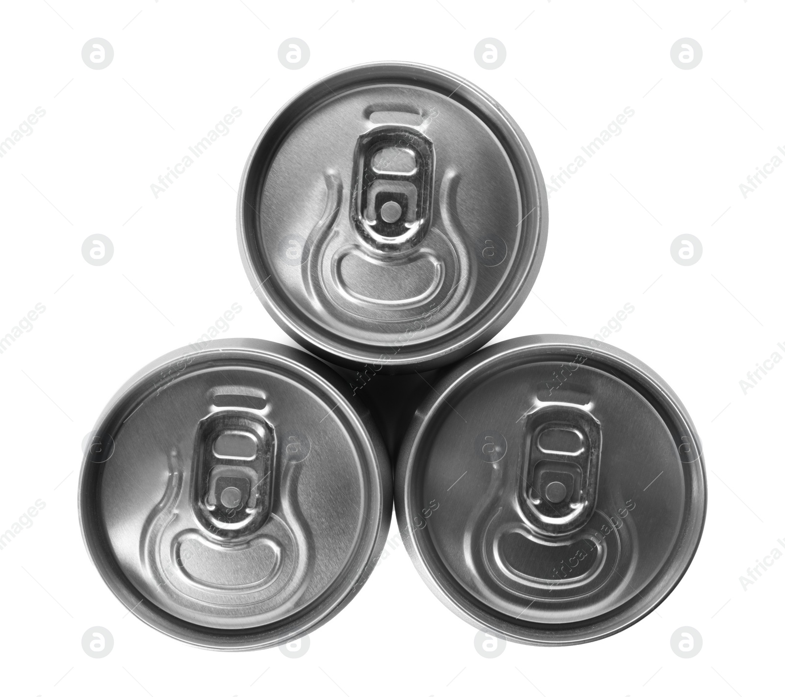 Photo of Top view of aluminum cans with beverage on white background