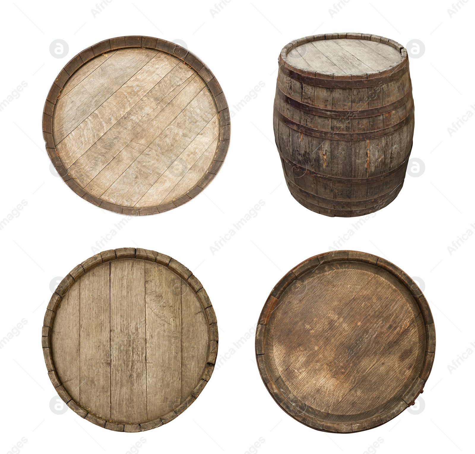 Image of Different wooden barrels isolated on white, top and side views. Collage design