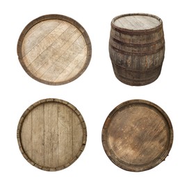 Image of Different wooden barrels isolated on white, top and side views. Collage design