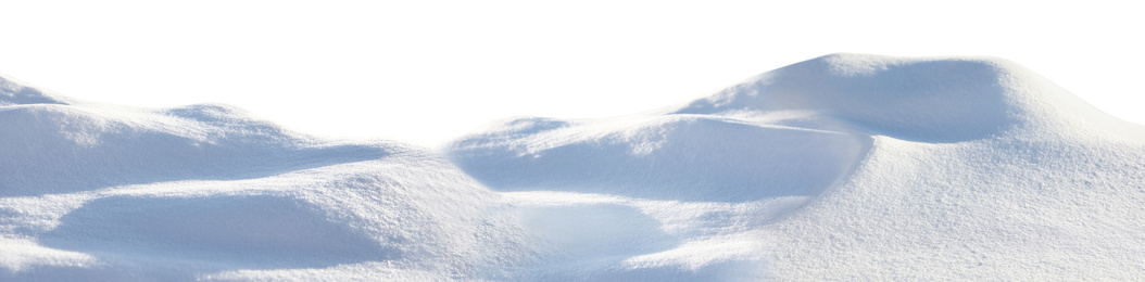 Image of Heap of snow on white background, closeup. Banner design