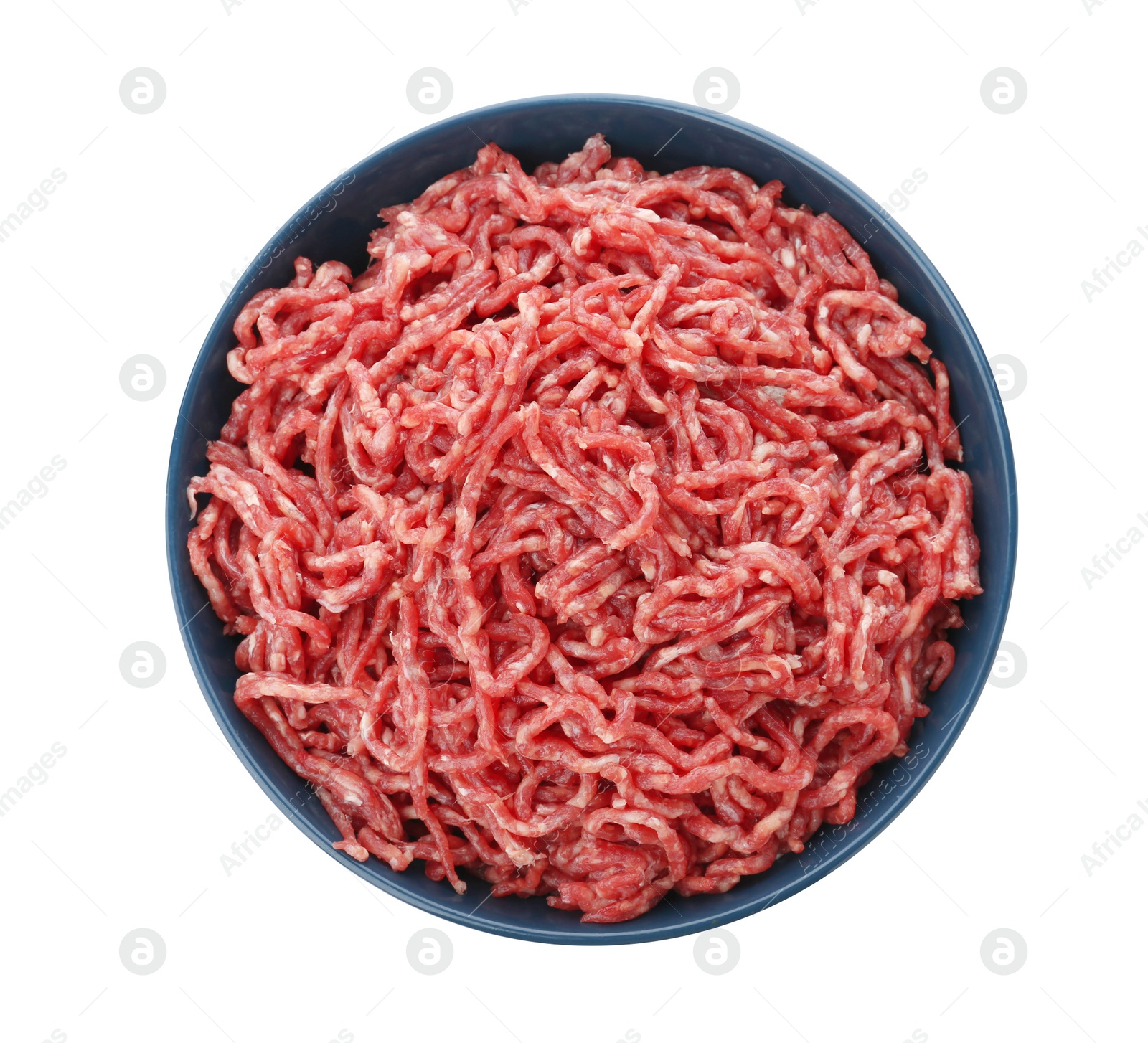 Photo of Fresh raw minced meat on white background, top view