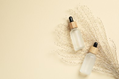 Bottles of face serum and dried flowers on beige background, flat lay. Space for text
