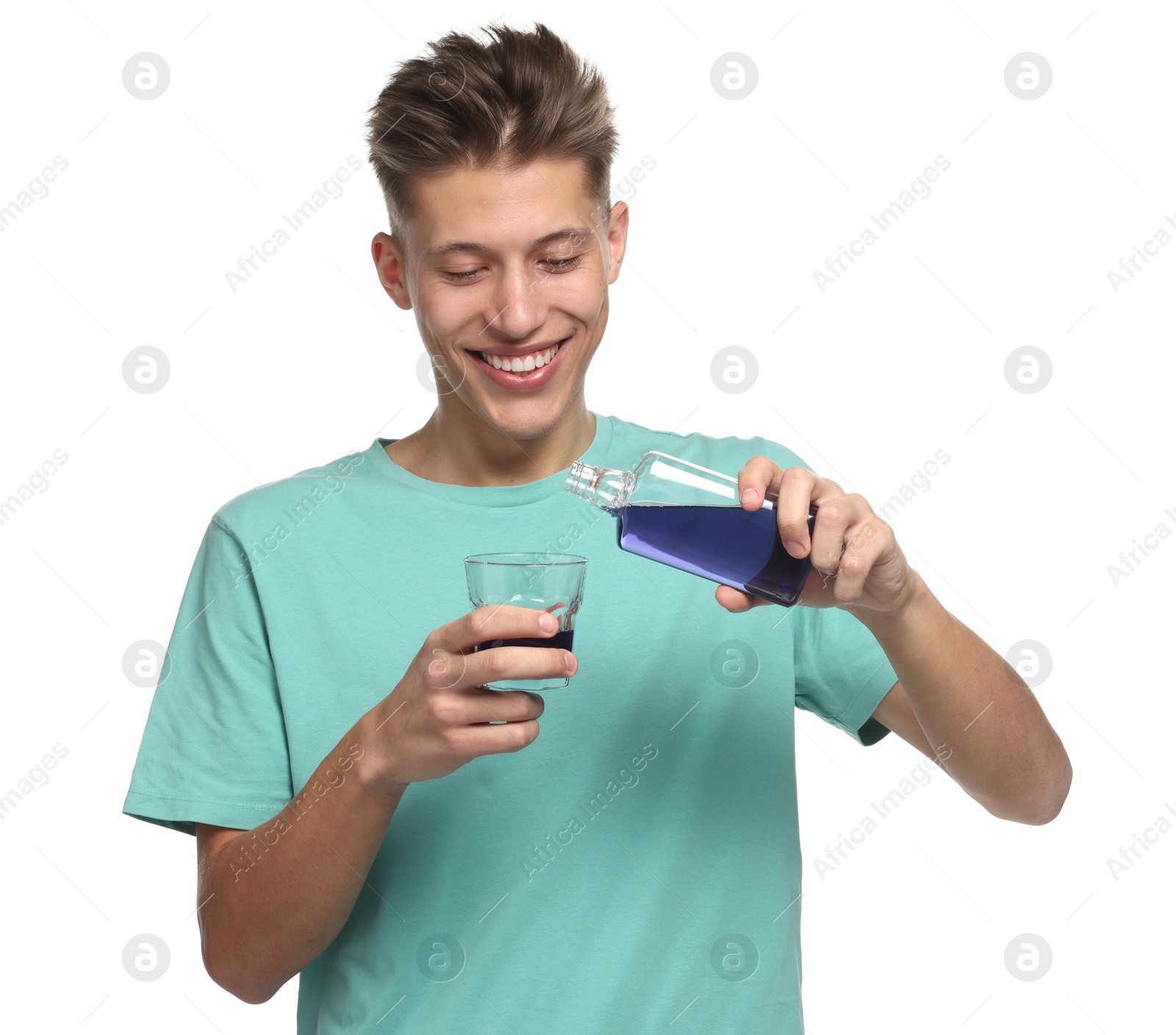 Photo of Young man with mouthwash on white background