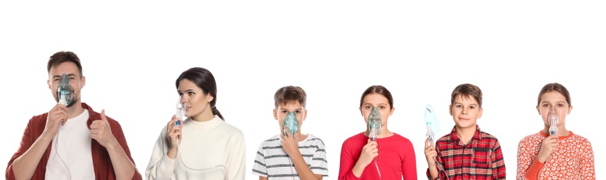 Inhalation therapy. Collage with photos of people using nebulizers on white background
