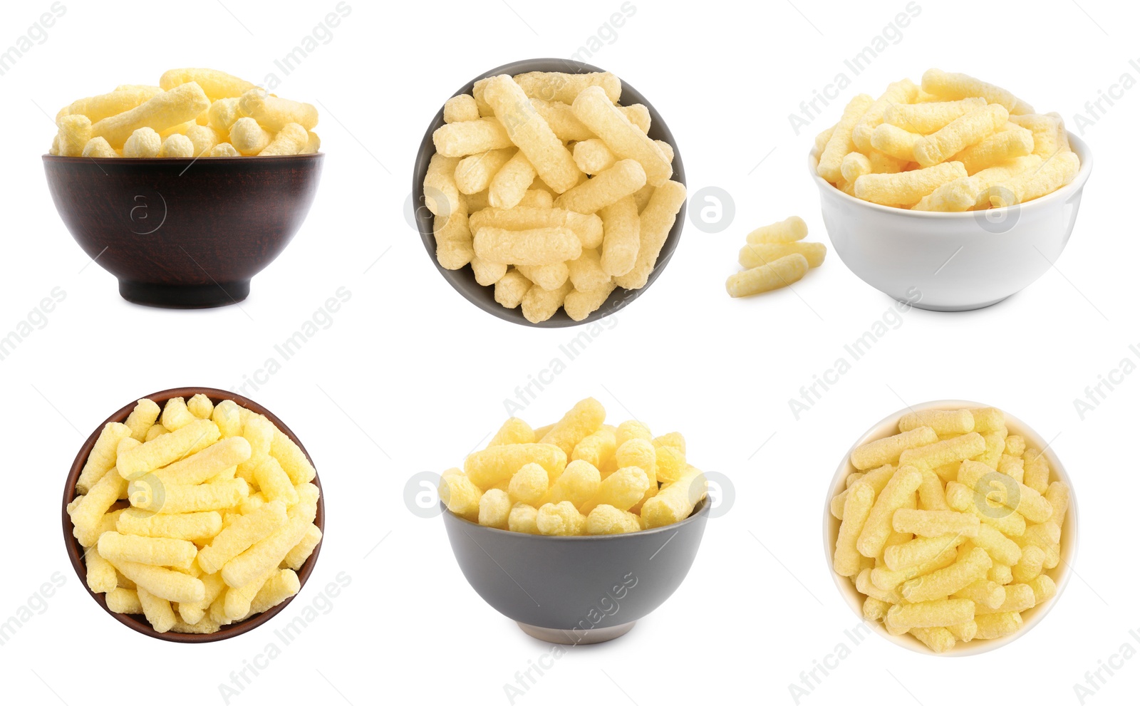 Image of Bowls with tasty corn sticks on white background, top and side views. Collage design