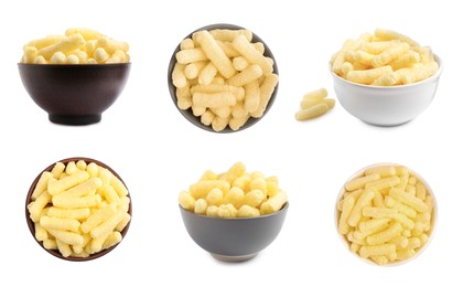 Bowls with tasty corn sticks on white background, top and side views. Collage design