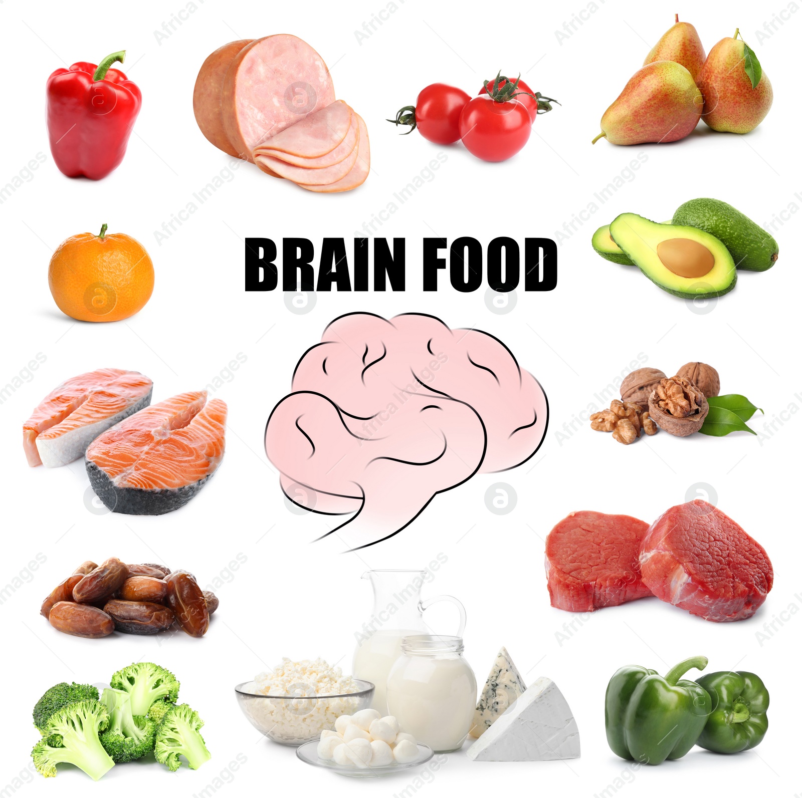 Image of Set with different brain food on white background