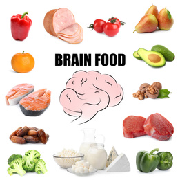 Image of Set with different brain food on white background