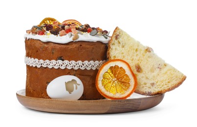 Traditional Easter cake with dried fruits and decorated egg on white background