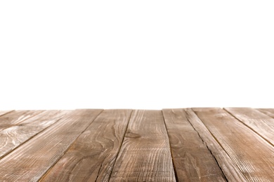 Photo of Empty wooden table surface on white background