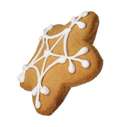 Photo of Tasty star shaped Christmas cookie with icing isolated on white