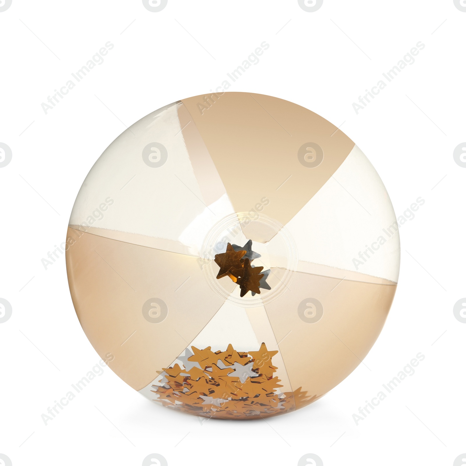Photo of Inflatable beach ball with confetti inside isolated on white