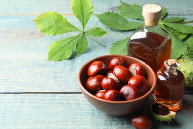 Photo of Chestnuts, leaves and bottles of essential oil on blue wooden table. Space for text