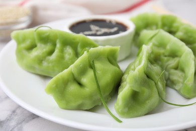 Delicious green dumplings (gyozas) and soy sauce on white marble table, closeup