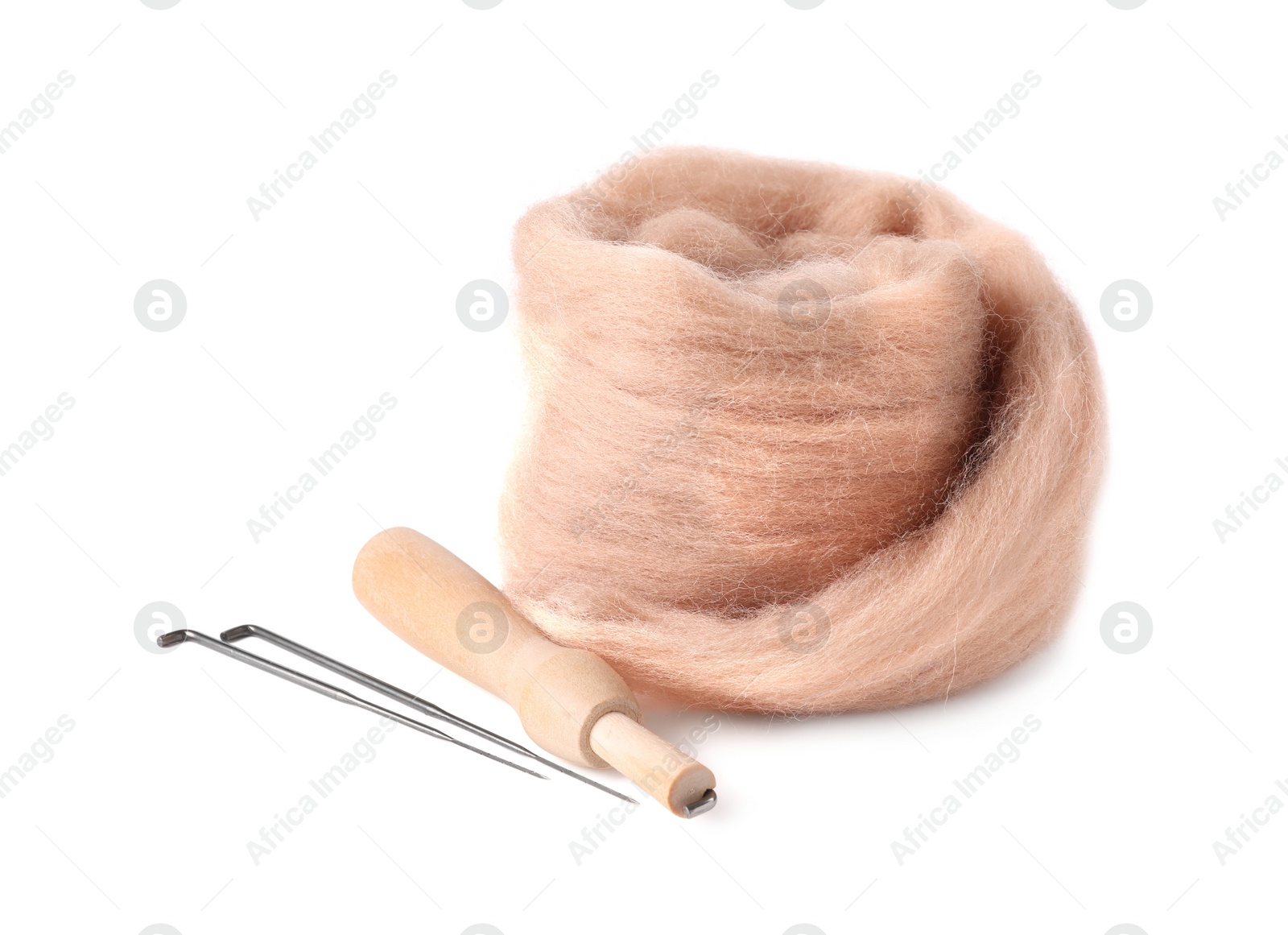 Photo of Beige felting wool and needles isolated on white