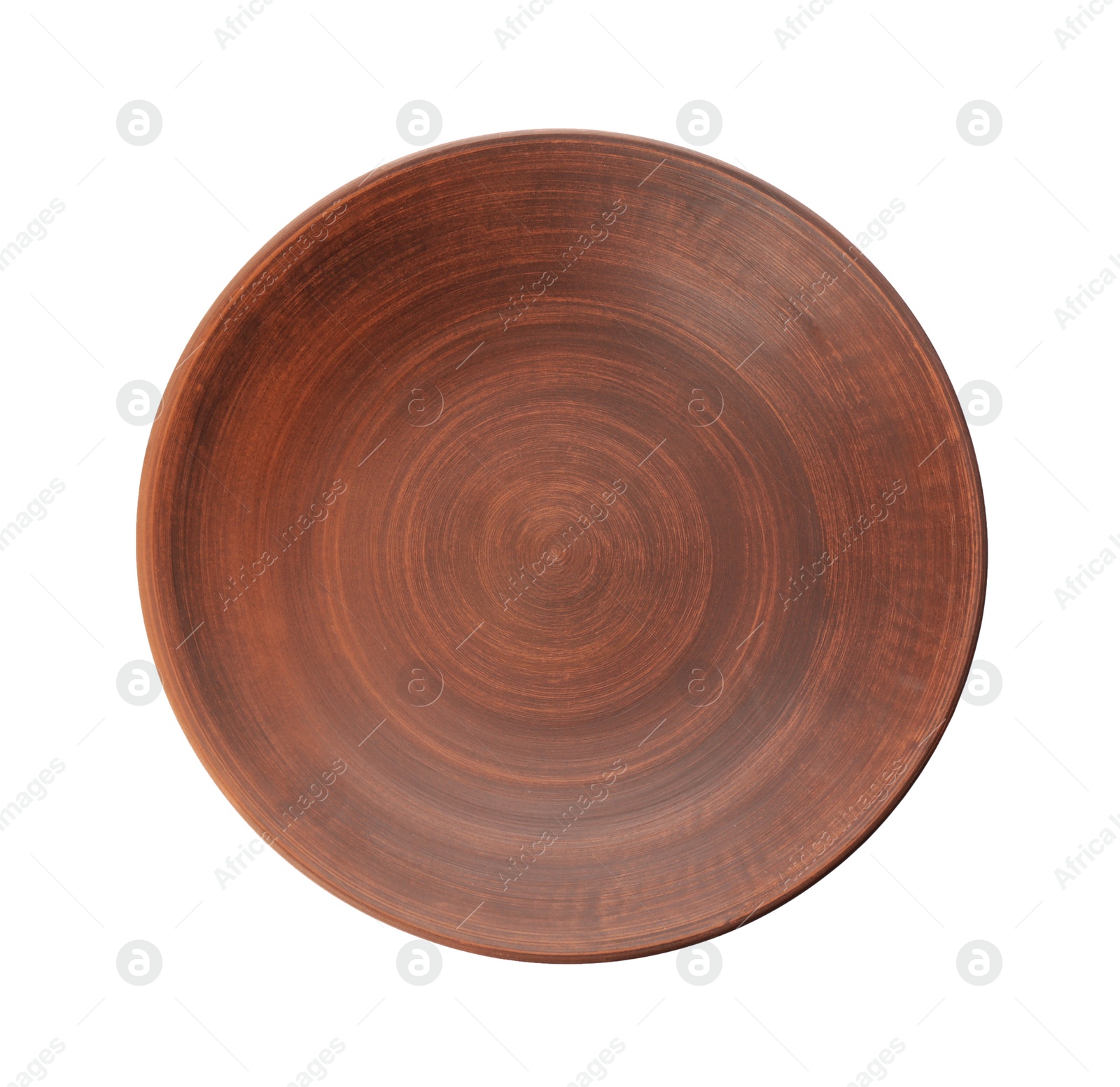 Photo of Brown clay plate isolated on white, top view