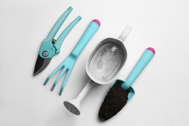 Photo of Watering can and gardening tools on white background, flat lay