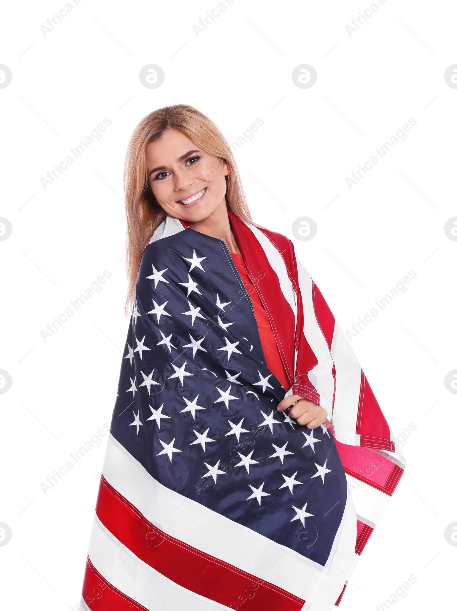 Photo of Portrait of woman with American flag on white background