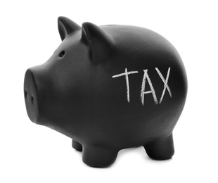 Photo of Black piggy bank with word TAX on white background