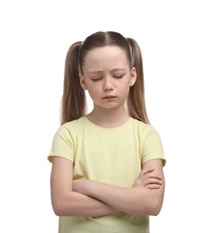 Portrait of sad girl on white background