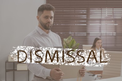 Image of Upset dismissed man carrying box with personal stuff in office