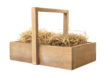 Photo of Dried hay in wooden basket on white background