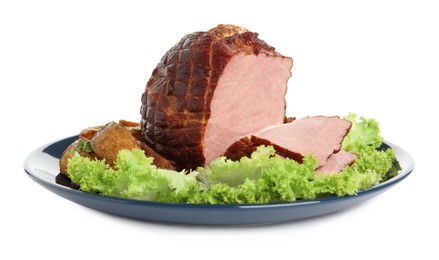 Photo of Delicious ham with lettuce and potatoes isolated on white