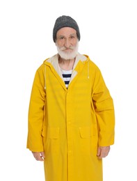 Photo of Fisherman in yellow raincoat isolated on white