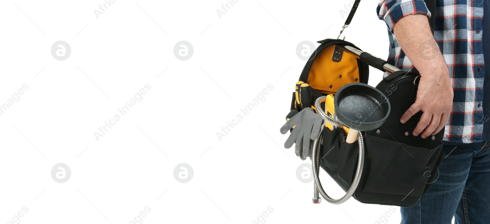 Image of Closeup view of plumber with tool bag on white background. Banner design