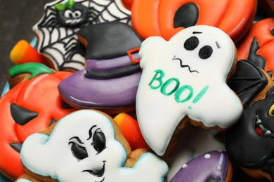 Closeup view of tasty cookies and sweets for Halloween party