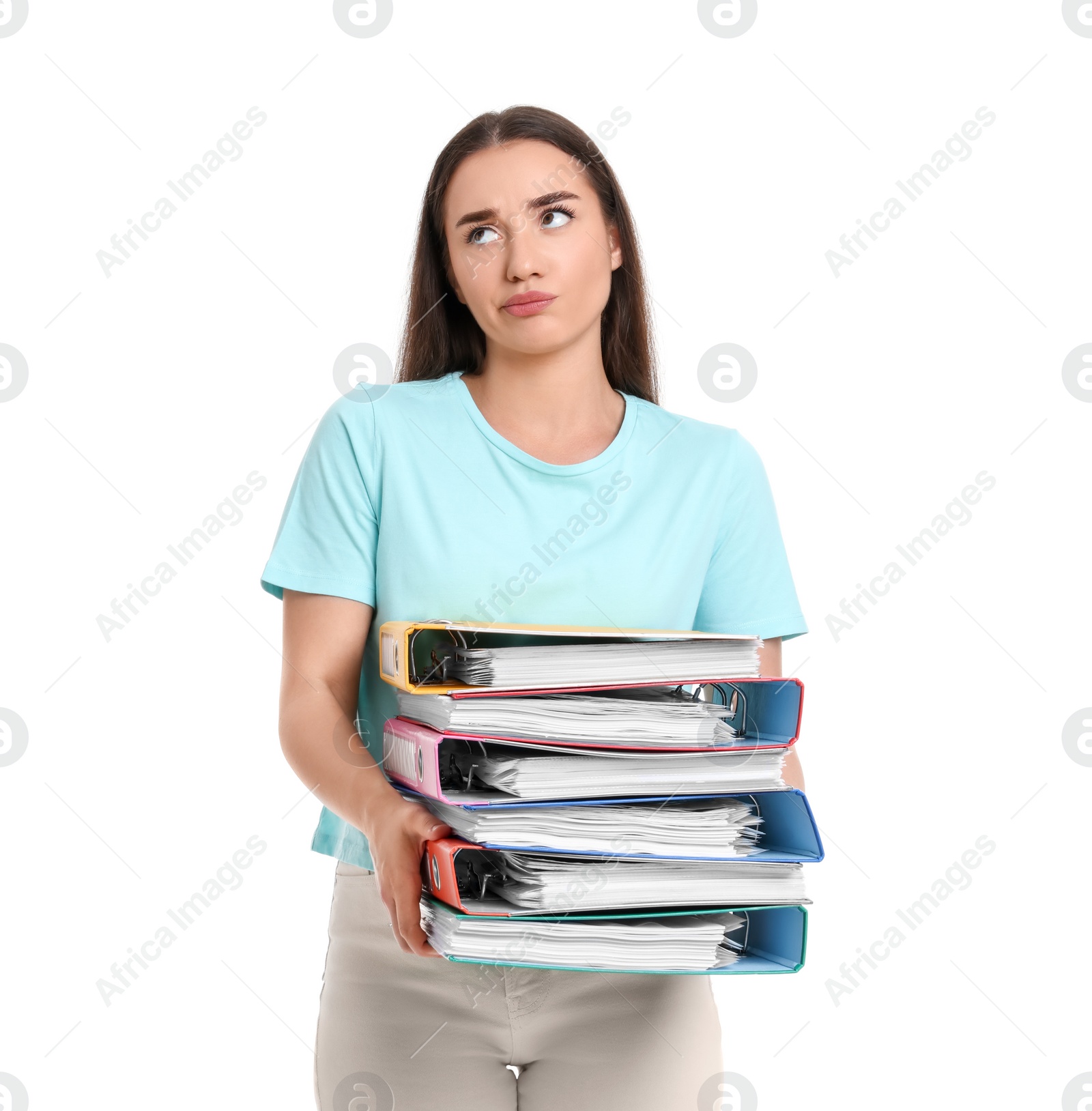 Photo of Disappointed woman with folders on white background