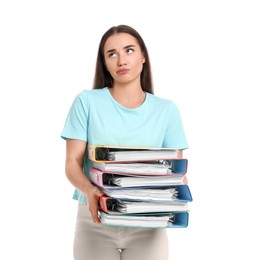 Photo of Disappointed woman with folders on white background