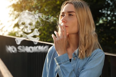 Image of No Smoking. Woman with cigarette outdoors. Skull and crossbones symbol over phrase of smoke