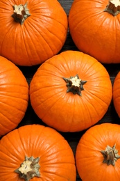 Photo of Many ripe orange pumpkins on table, flat lay
