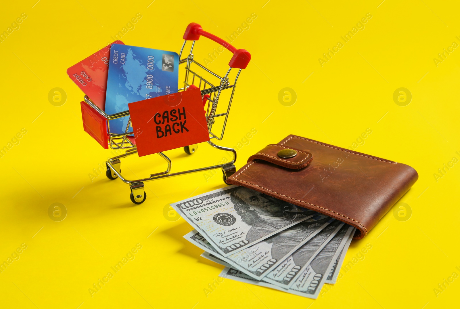 Photo of Wallet with dollar banknotes and credit cards in shopping cart on yellow background. Cashback concept