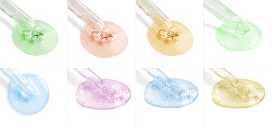 Droppers with serum on white background, set. Skin care product