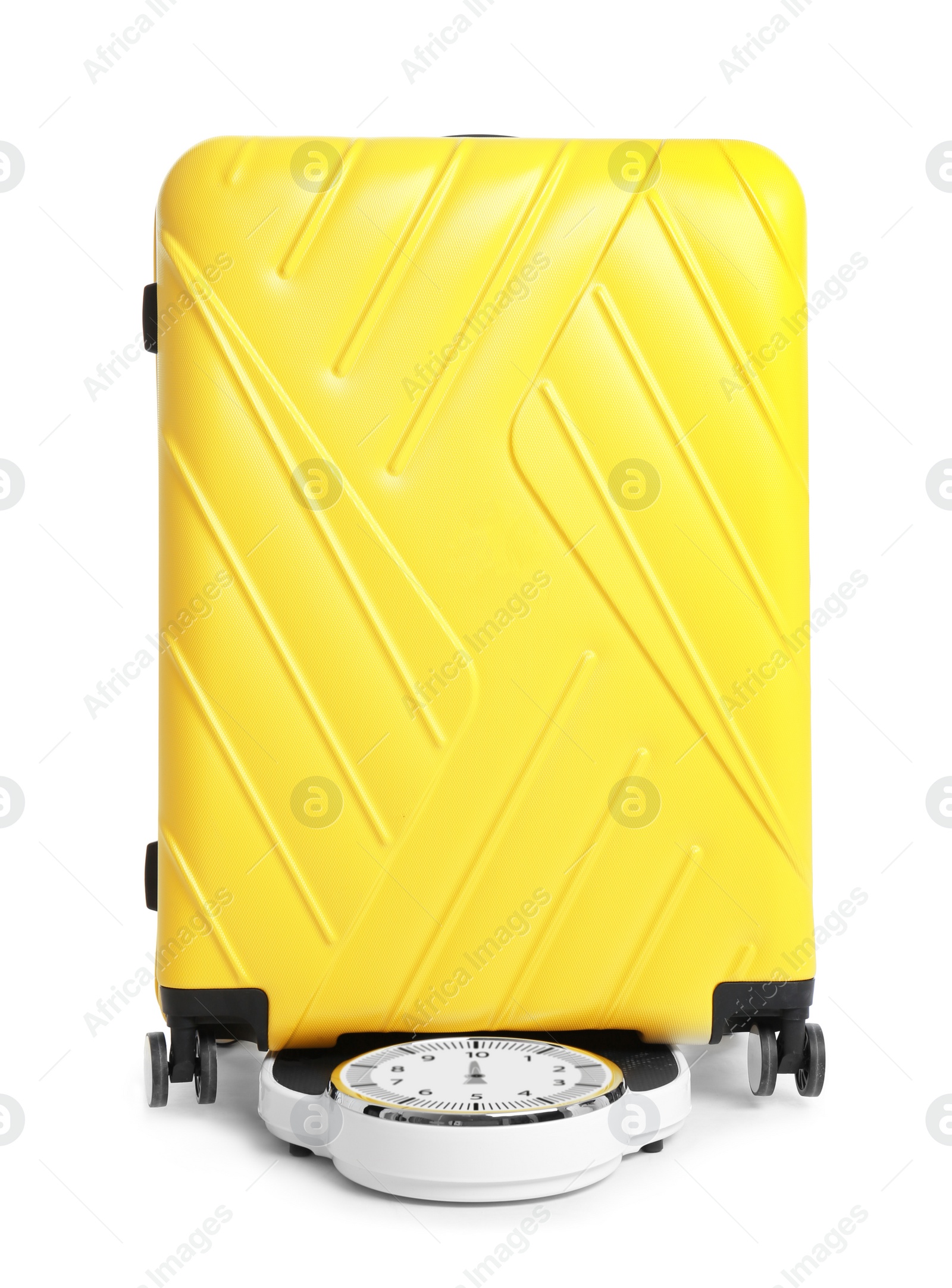 Photo of Weighing stylish suitcase on scales, white background