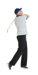 Photo of Senior man playing golf on white background